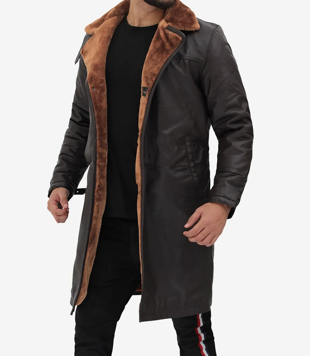 Men's 3/4 Length Dark Brown Leather Shearling Coat
