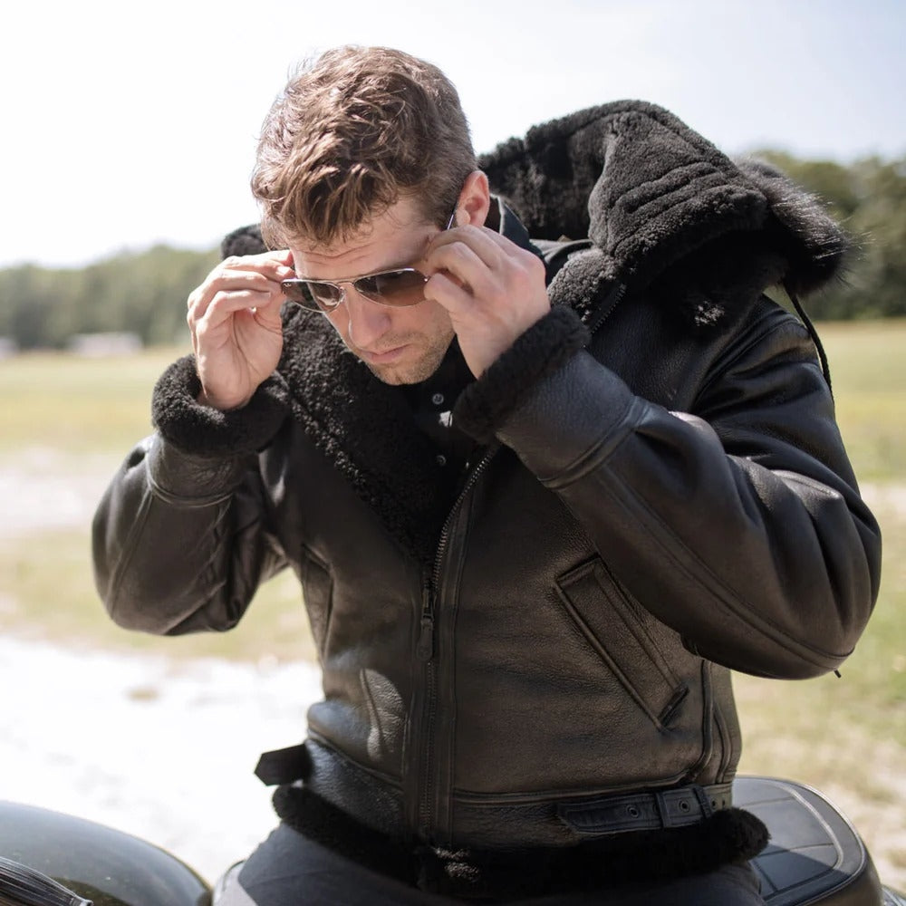 Men's All Black B-3 Hooded Sheepskin Leather Jacket