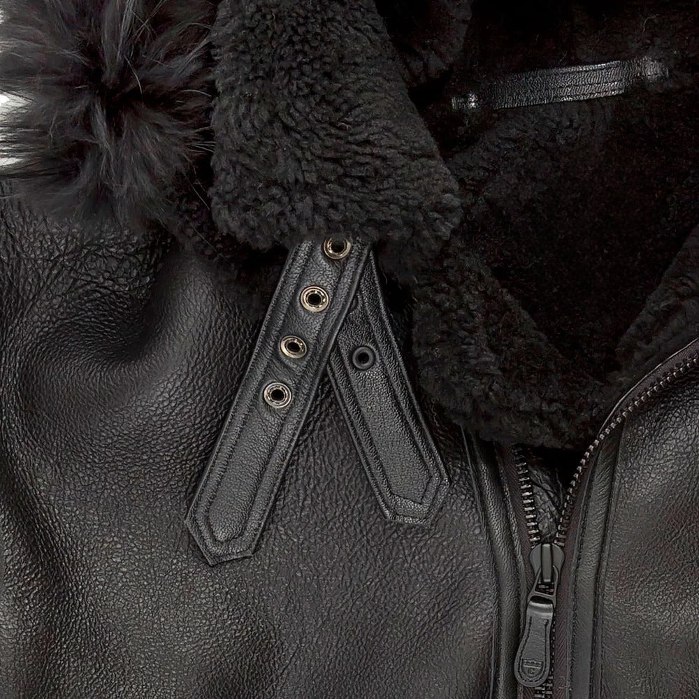 Men's All Black B-3 Hooded Sheepskin Leather Jacket