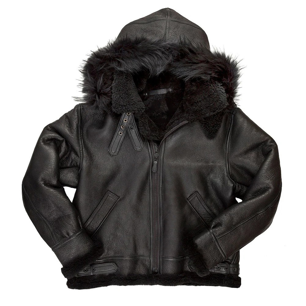 Men's All Black B-3 Hooded Sheepskin Leather Jacket