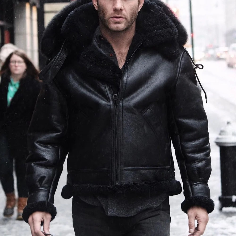 Men's All Black B-3 Hooded Sheepskin Leather Jacket