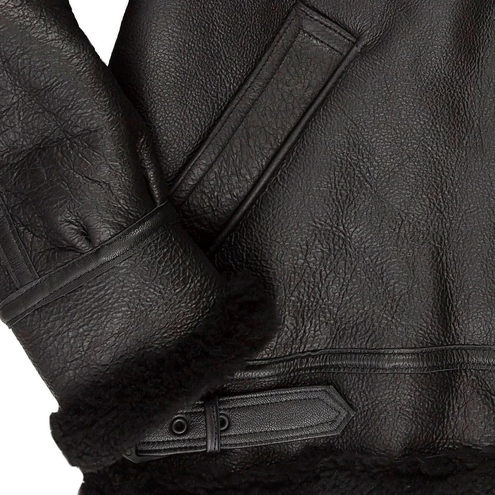 Men's All Black B-3 Hooded Sheepskin Leather Jacket
