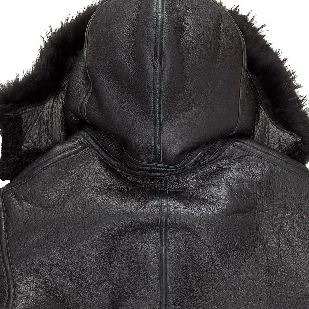 Men's All Black B-3 Hooded Sheepskin Leather Jacket