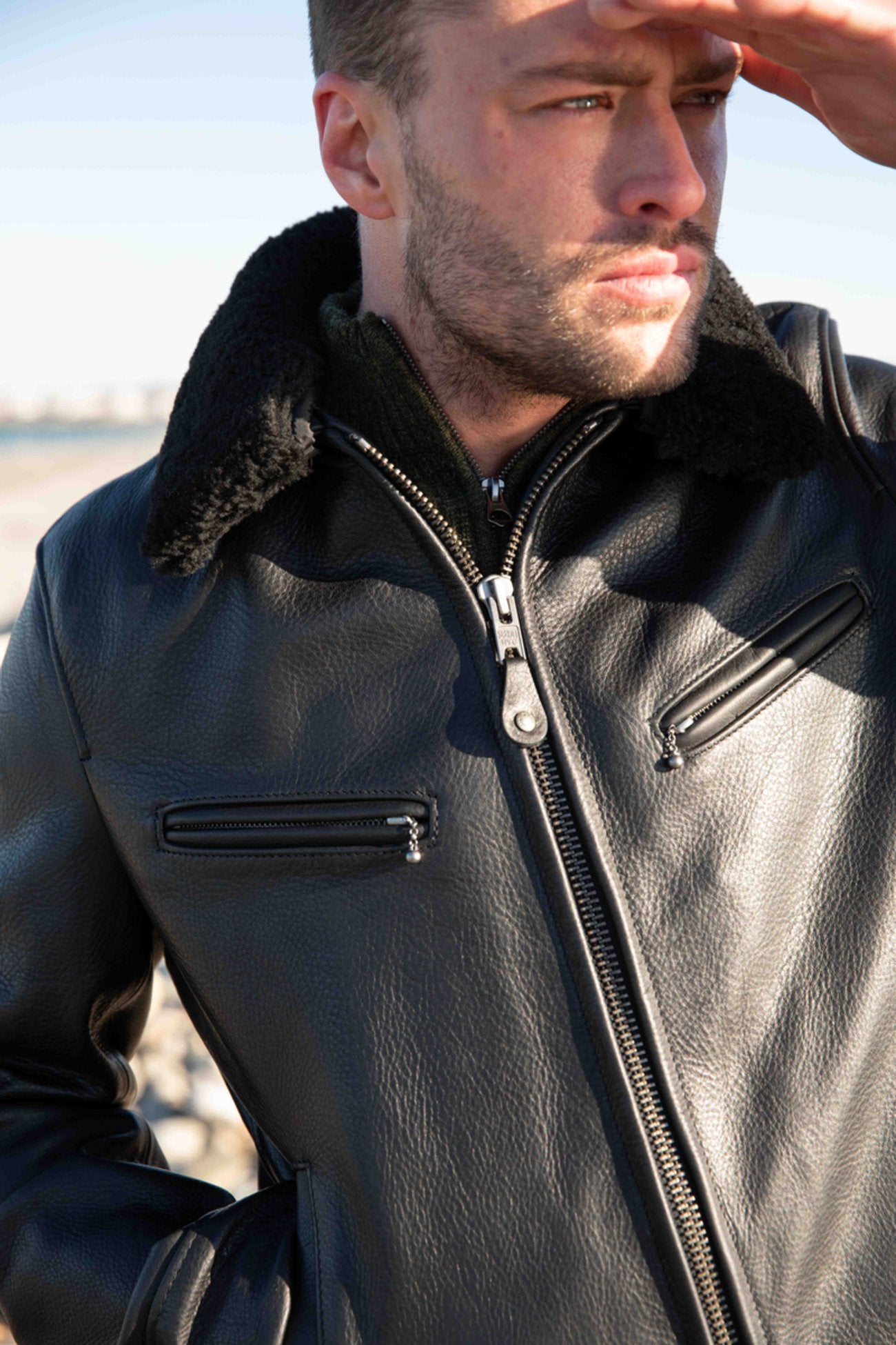 Men's Antique Cowhide Rancher Jacket with Sheepskin Collar