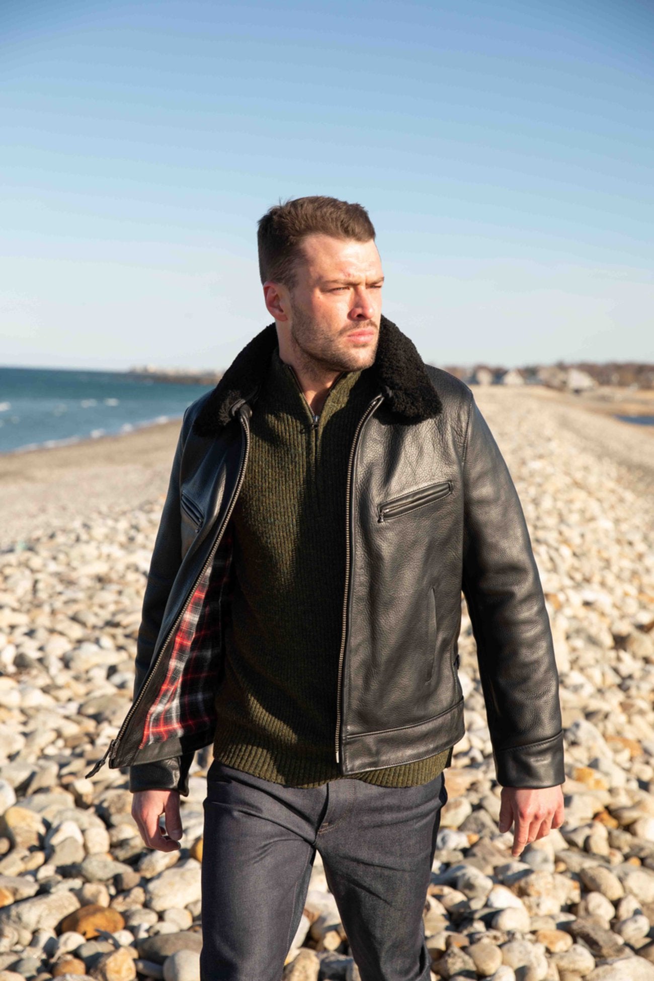 Men's Antique Cowhide Rancher Jacket with Sheepskin Collar