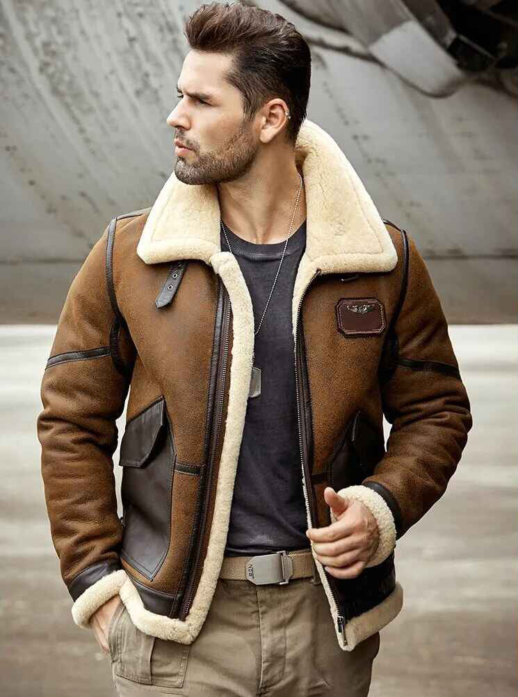 Men's B3 Airforce Flight Fur & Shearling Leather Jacket in Brown