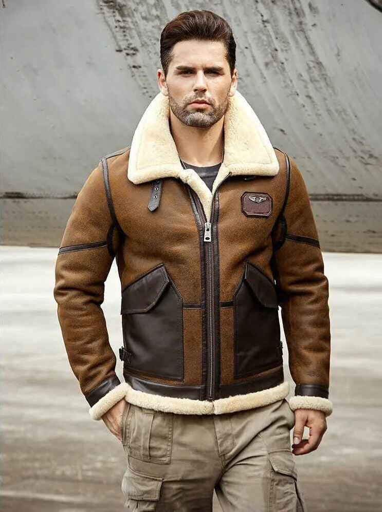 Men's B3 Airforce Flight Fur & Shearling Leather Jacket in Brown