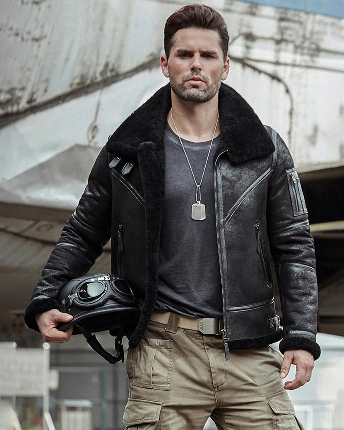 Men's B3 Flight Fur & Shearling Leather Jacket in Black