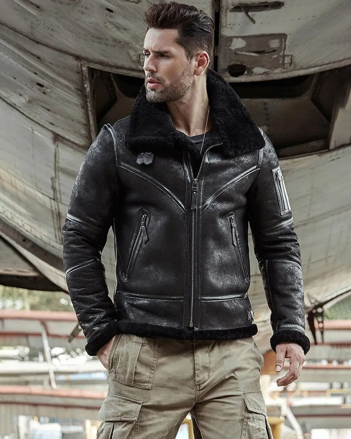 Men's B3 Flight Fur & Shearling Leather Jacket in Black