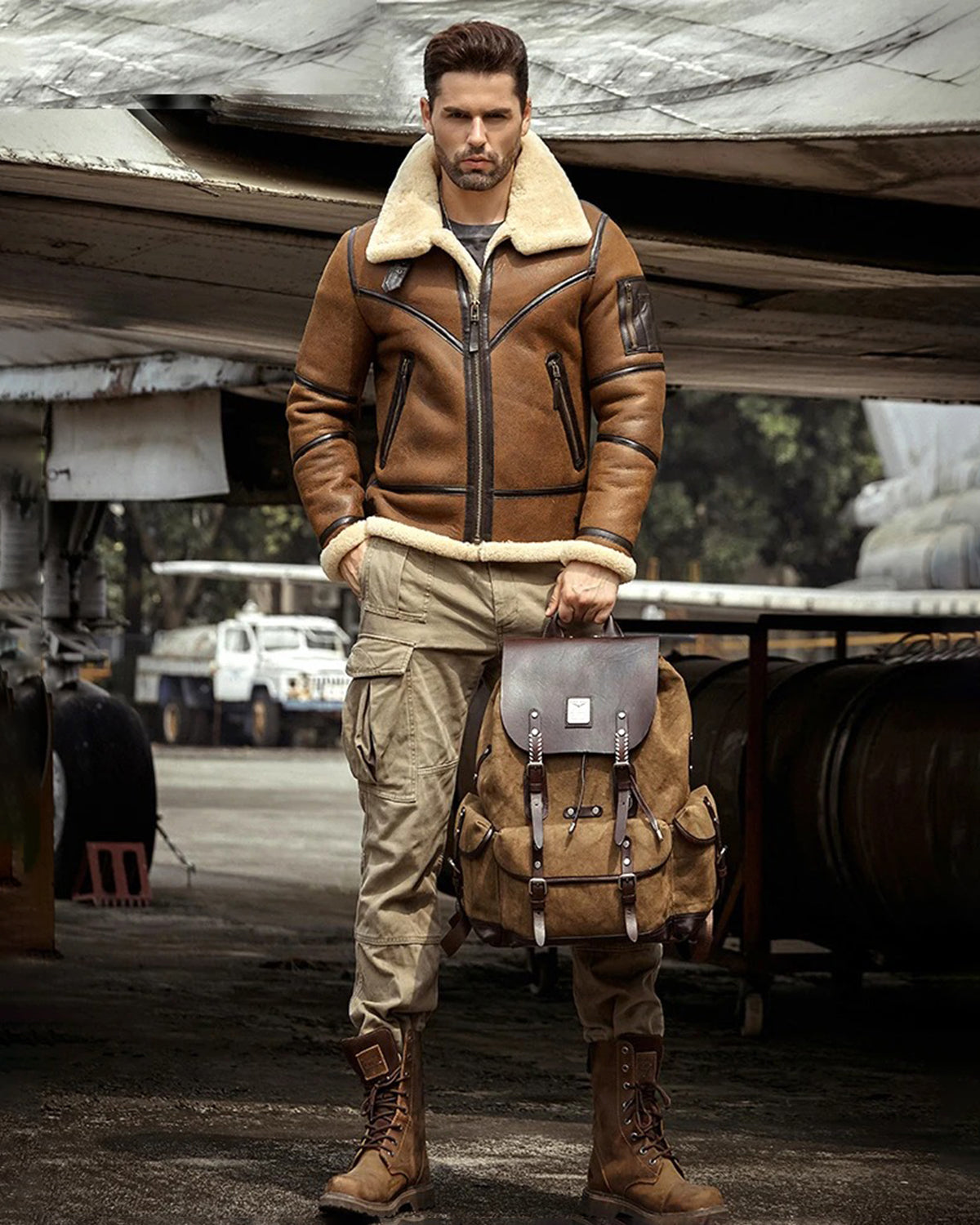 Men's B3 Flight Fur & Shearling Leather Jacket in Brown