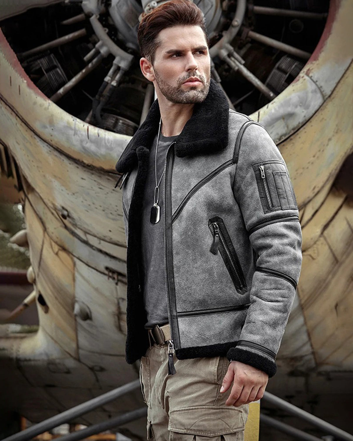 Men's B3 Flight Fur & Shearling Leather Jacket in Grey