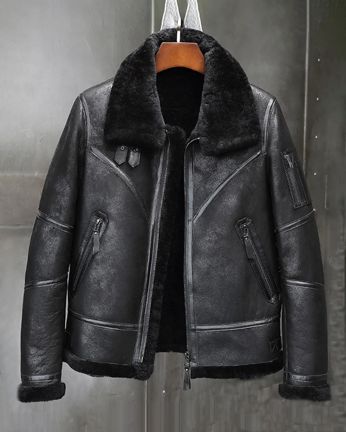 Men's B3 Flight Fur & Shearling Leather Jacket in Black