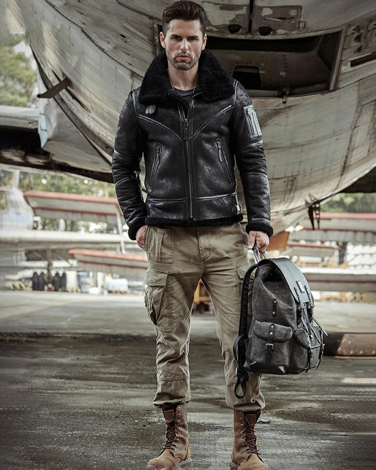 Men's B3 Flight Fur & Shearling Leather Jacket in Black