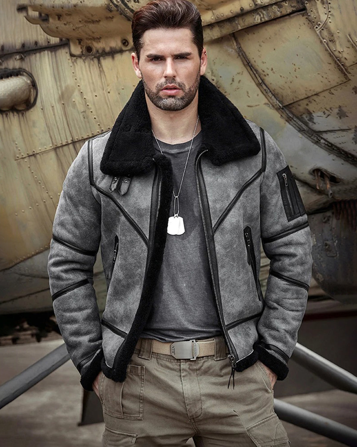 Men's B3 Flight Fur & Shearling Leather Jacket in Grey