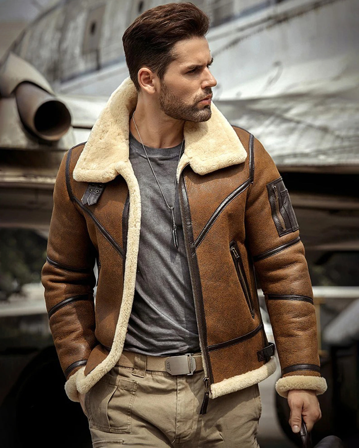 Men's B3 Flight Fur & Shearling Leather Jacket in Black