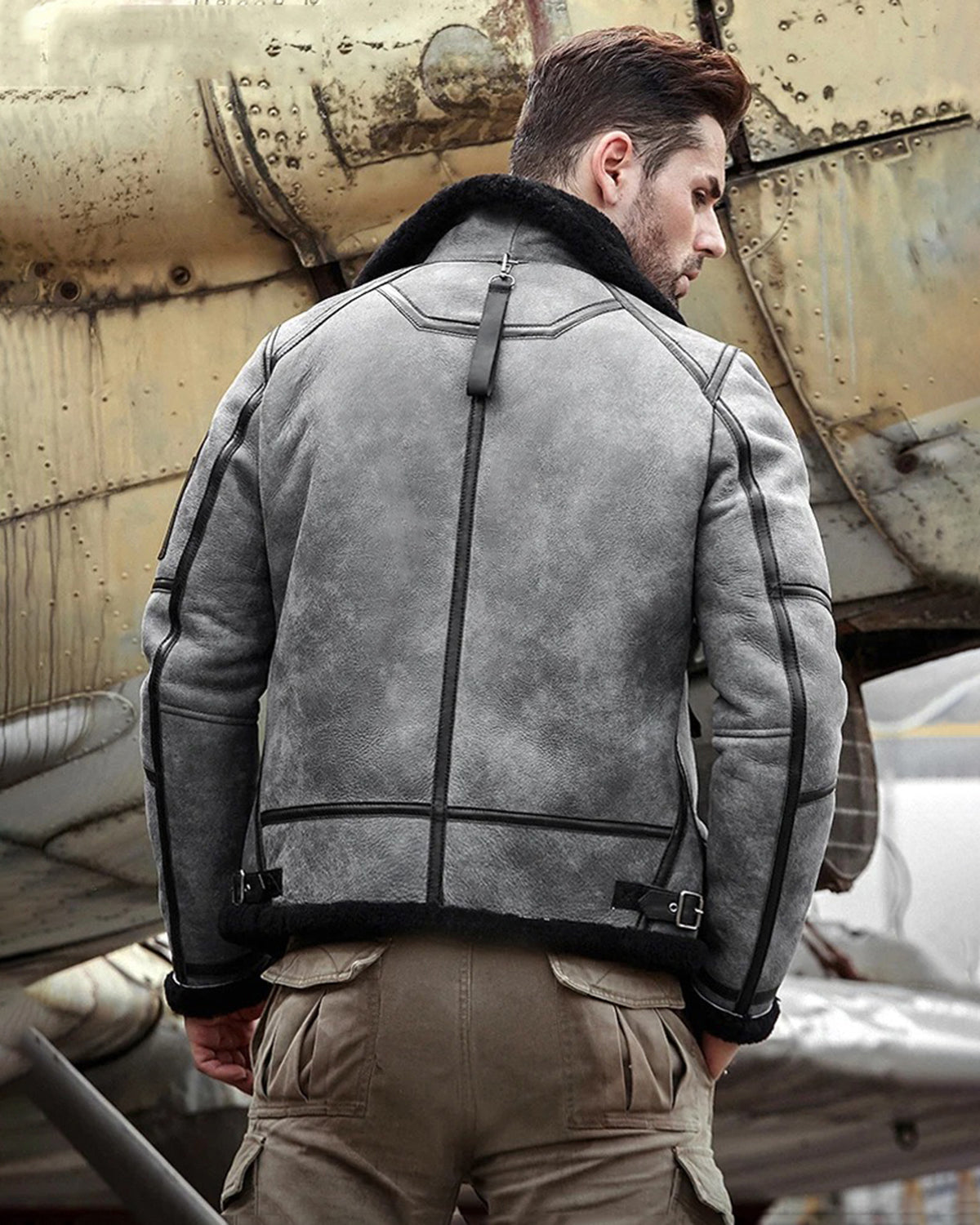 Men's B3 Flight Fur & Shearling Leather Jacket in Grey