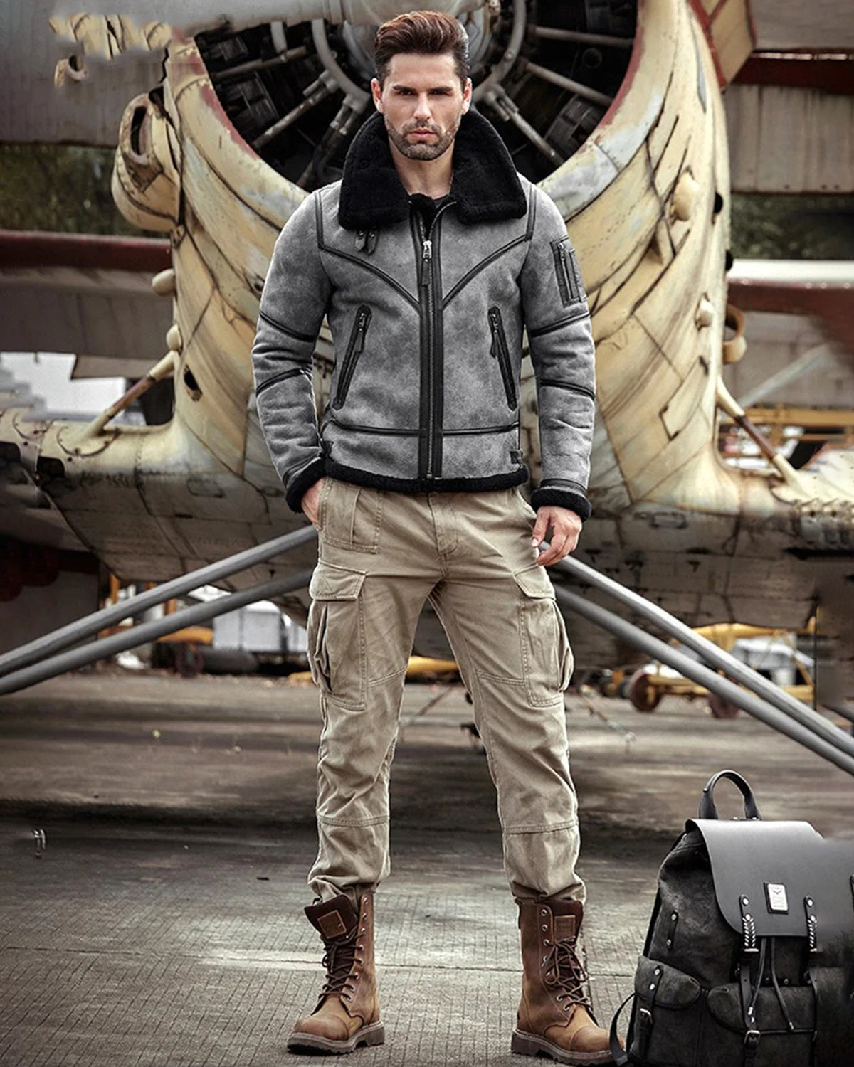 Men's B3 Flight Fur & Shearling Leather Jacket in Grey