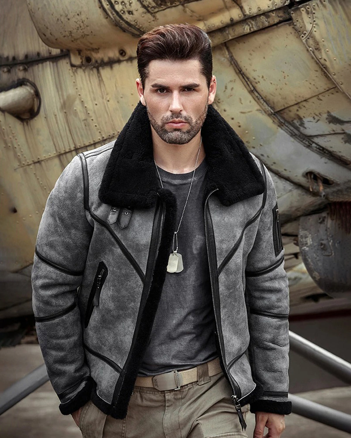 Men's B3 Flight Fur & Shearling Leather Jacket in Black