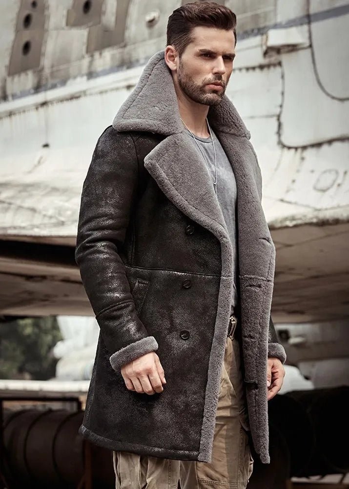 Men's B3 Flight Long Winter Sheepskin Fur & Shearling Coat in Black