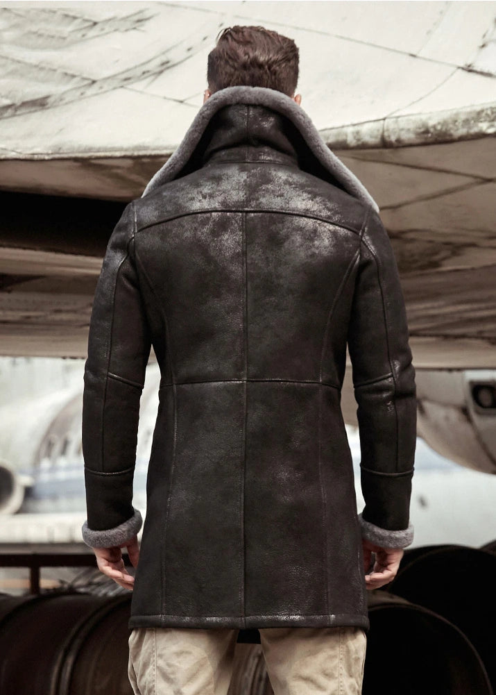 Men's B3 Flight Long Winter Sheepskin Fur & Shearling Coat in Black