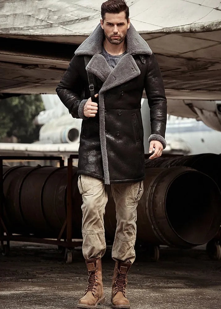 Men's B3 Flight Long Winter Sheepskin Fur & Shearling Coat in Dark Brown