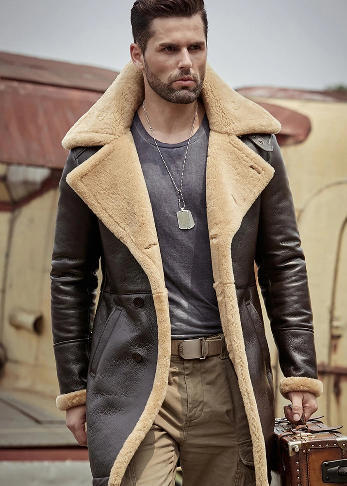 Men's B3 Flight Long Winter Sheepskin Fur & Shearling Coat in Dark Brown