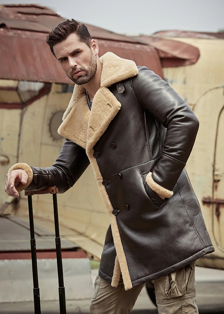 Men's B3 Flight Long Winter Sheepskin Fur & Shearling Coat in Dark Brown