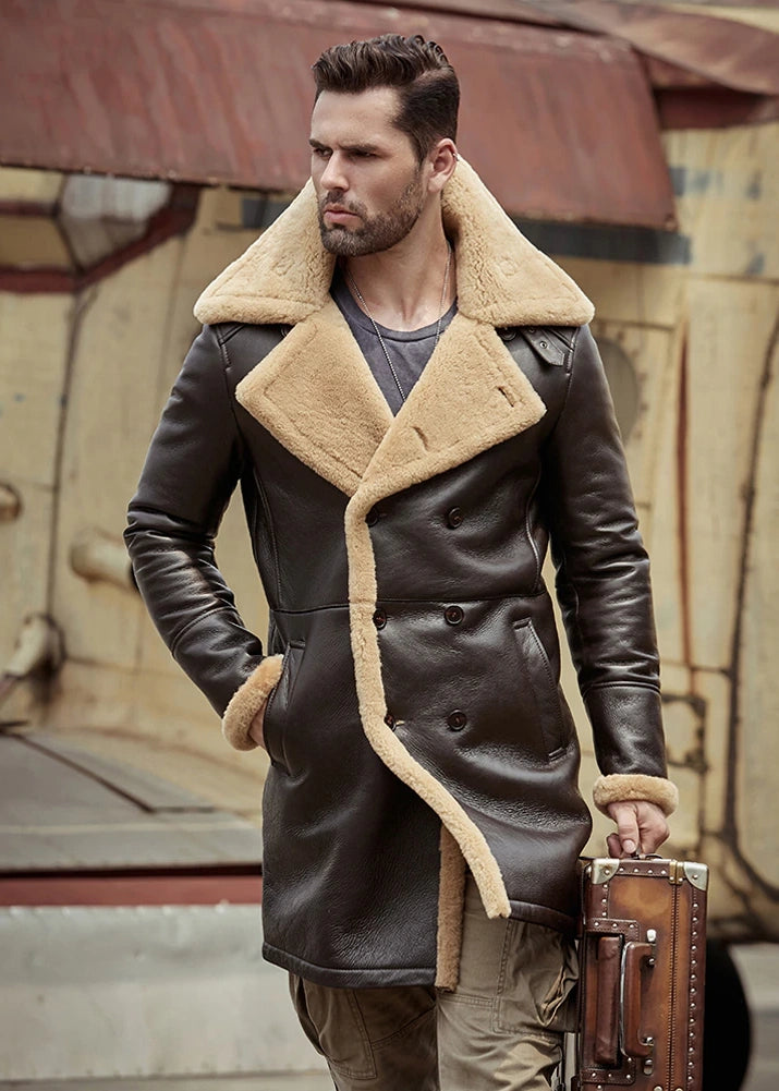 Men's B3 Flight Long Winter Sheepskin Fur & Shearling Coat in Black