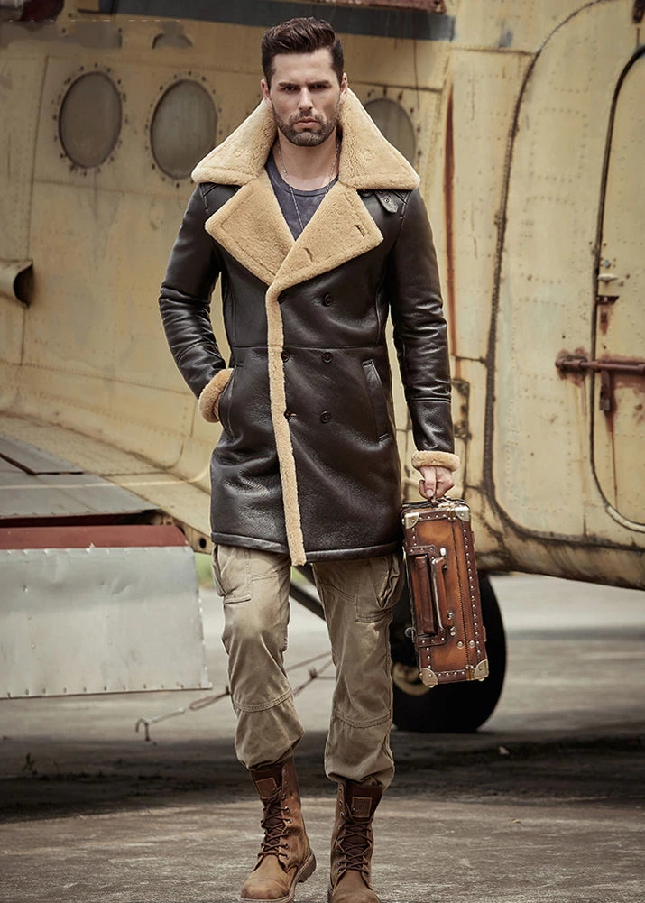 Men's B3 Flight Long Winter Sheepskin Fur & Shearling Coat in Black