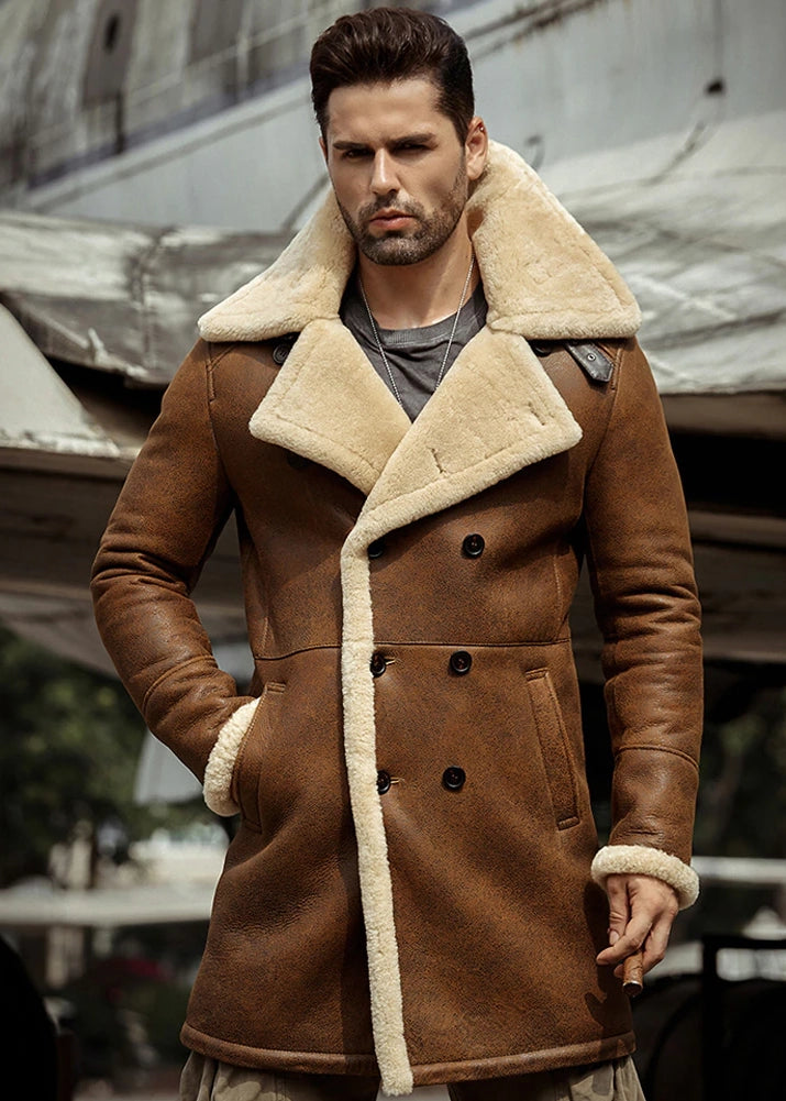 Men's B3 Flight Long Winter Sheepskin Fur & Shearling Coat in Brown