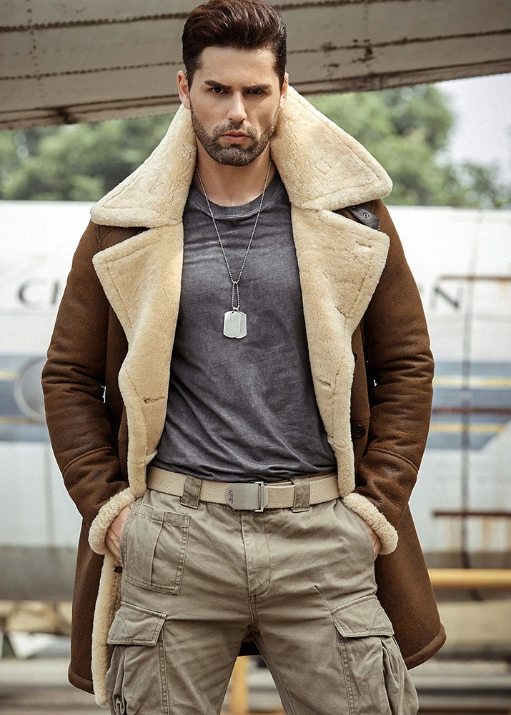 Men's B3 Flight Long Winter Sheepskin Fur & Shearling Coat in Black