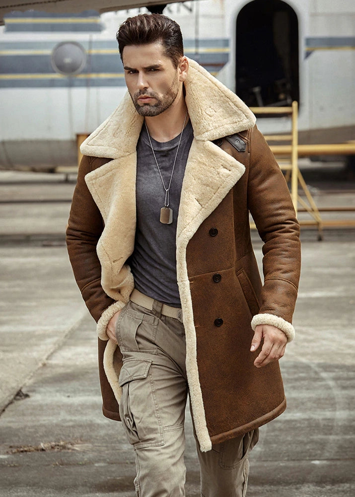 Men's B3 Flight Long Winter Sheepskin Fur & Shearling Coat in Black