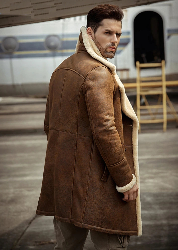 Men's B3 Flight Long Winter Sheepskin Fur & Shearling Coat in Black