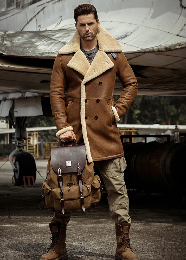 Men's B3 Flight Long Winter Sheepskin Fur & Shearling Coat in Black