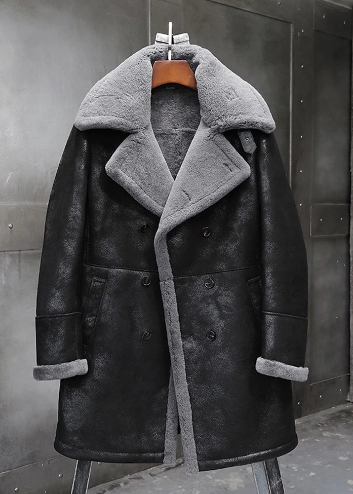Men's B3 Flight Long Winter Sheepskin Fur & Shearling Coat in Black