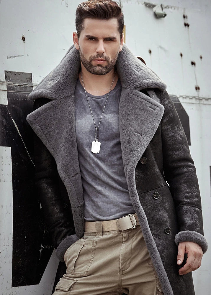 Men's B3 Flight Long Winter Sheepskin Fur & Shearling Coat in Black