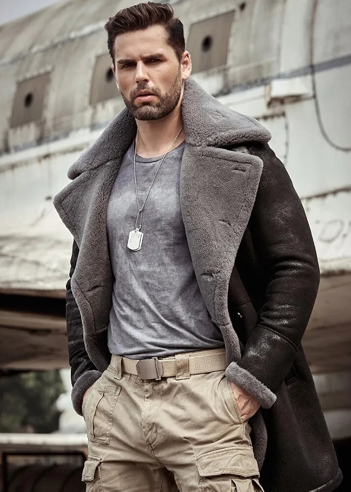 Men's B3 Flight Long Winter Sheepskin Fur & Shearling Coat in Black