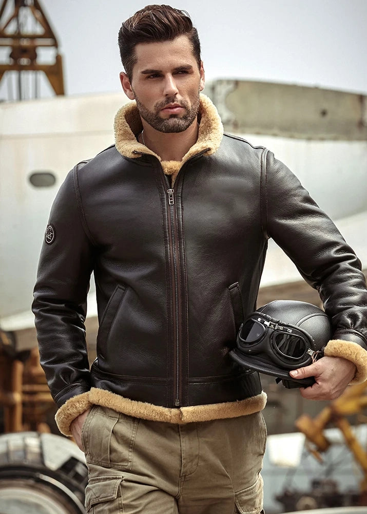 Men's B3 Fur & Shearling Leather Jacket in Dark Brown