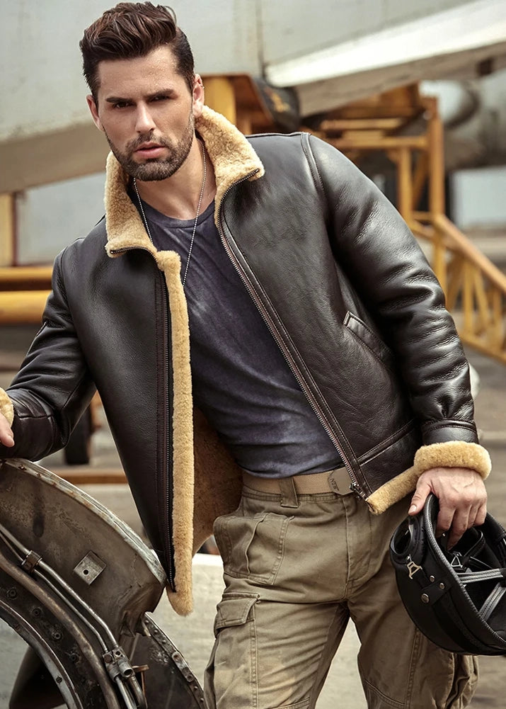 Men's B3 Fur & Shearling Leather Jacket in Dark Brown