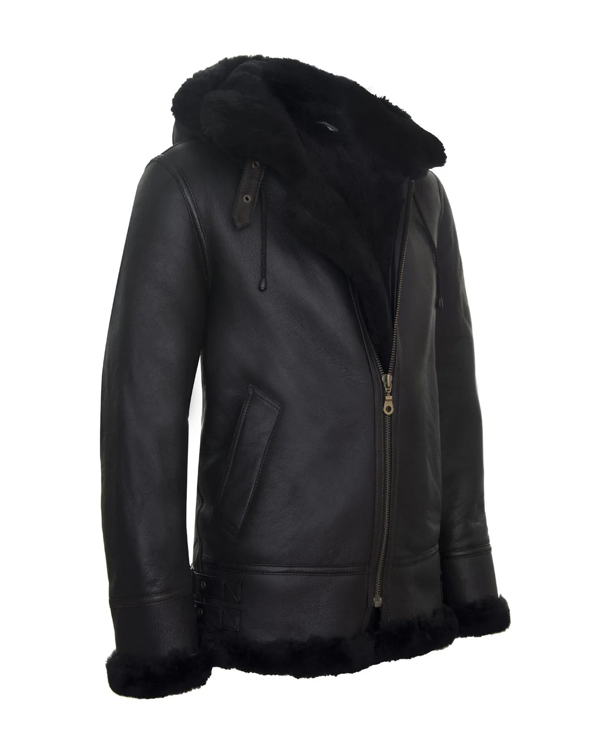 Men's B3 Sheepskin With Detachable Hood Leather Jacket Black