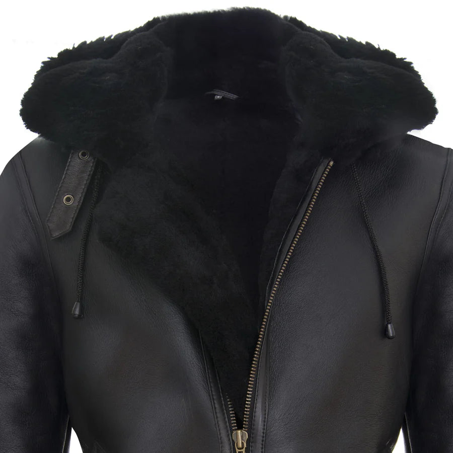Men's B3 Sheepskin With Detachable Hood Leather Jacket Black
