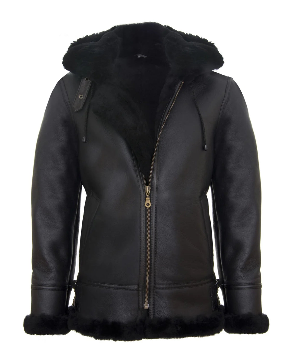 Men's B3 Sheepskin With Detachable Hood Leather Jacket Black