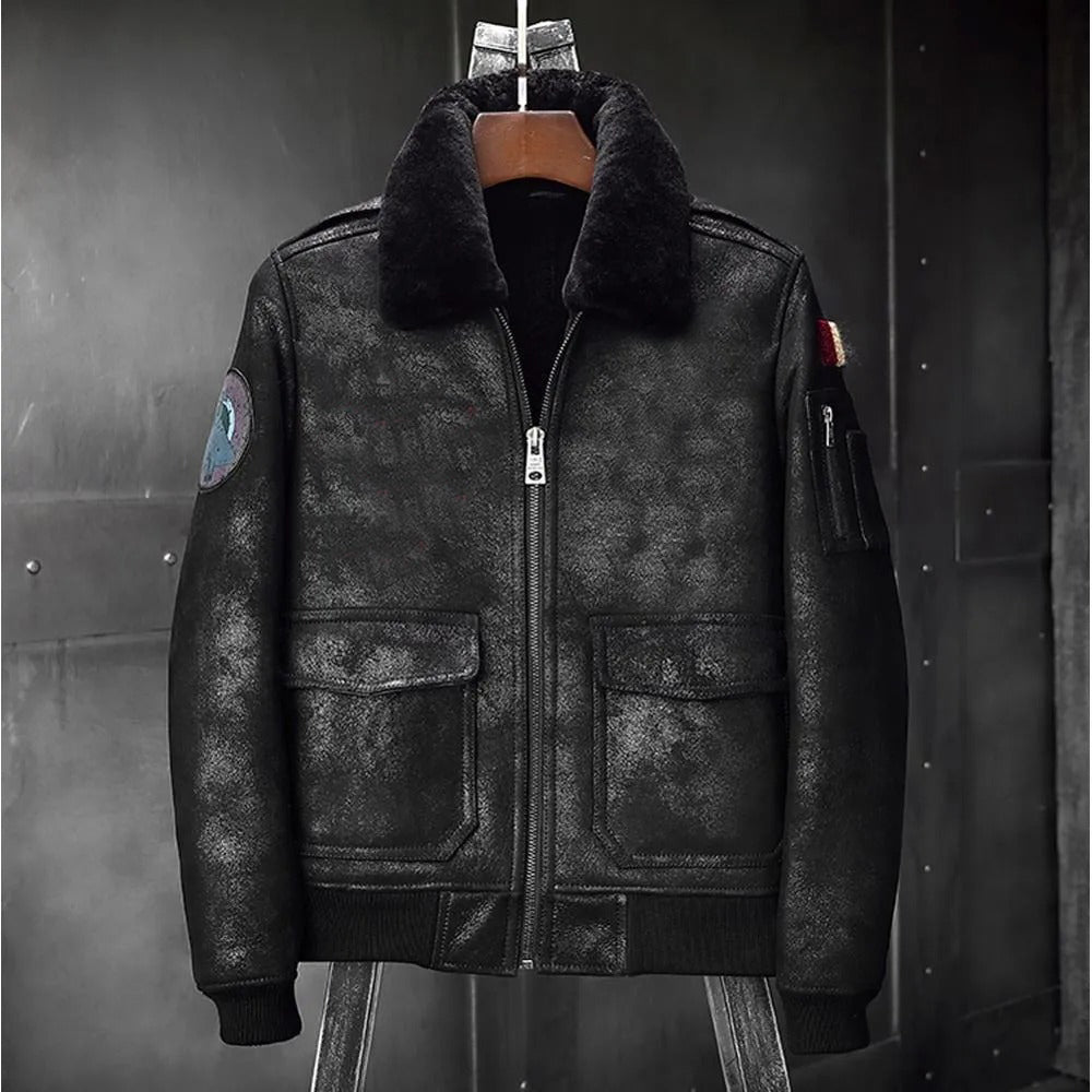 Men's B6 Airforce Flight Fur & Shearling Leather Jacket in Green