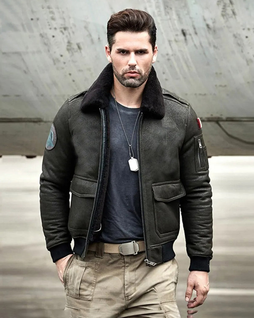 Men's B6 Airforce Flight Fur & Shearling Leather Jacket in Green