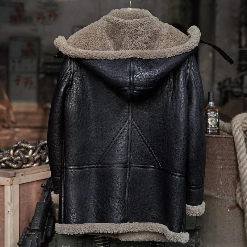 Men's B7 Gray Fur Shearling Leather Jacket With Removable Hood