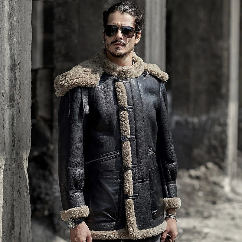 Men's B7 Gray Fur Shearling Leather Jacket With Removable Hood