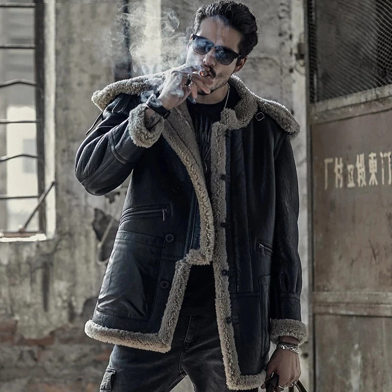 Men's B7 Gray Fur Shearling Leather Jacket With Removable Hood