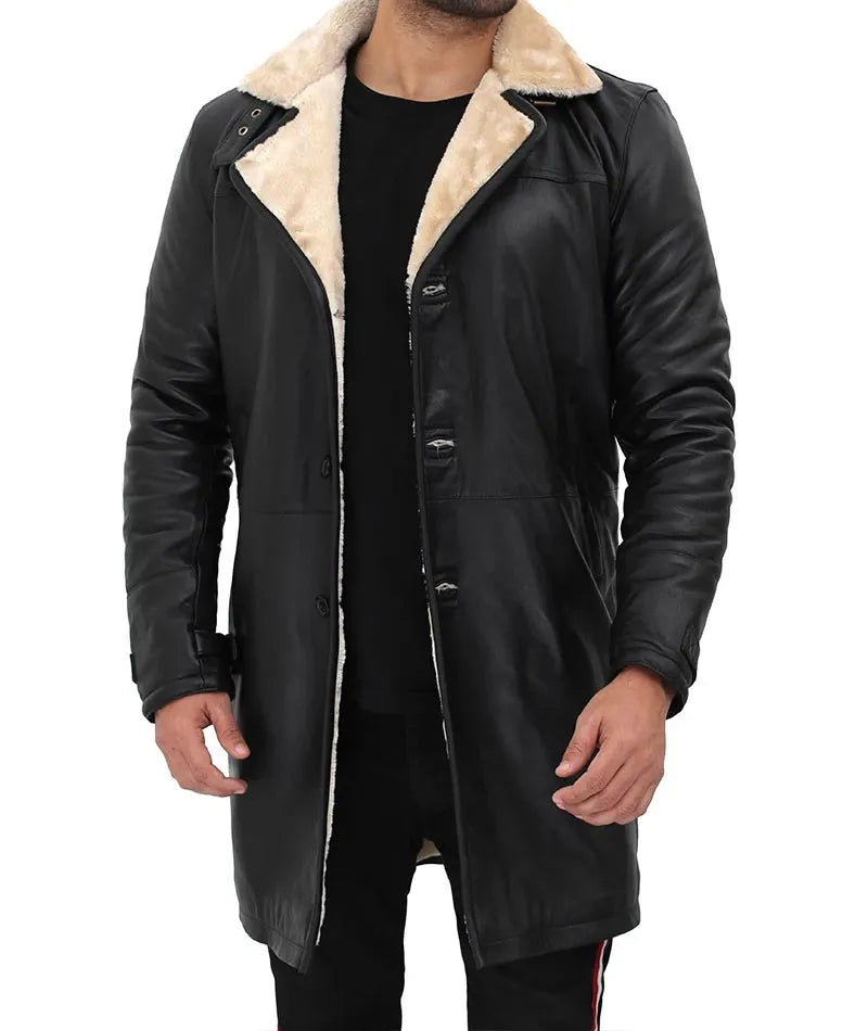 Men's Beige Black Leather Shearling Coat