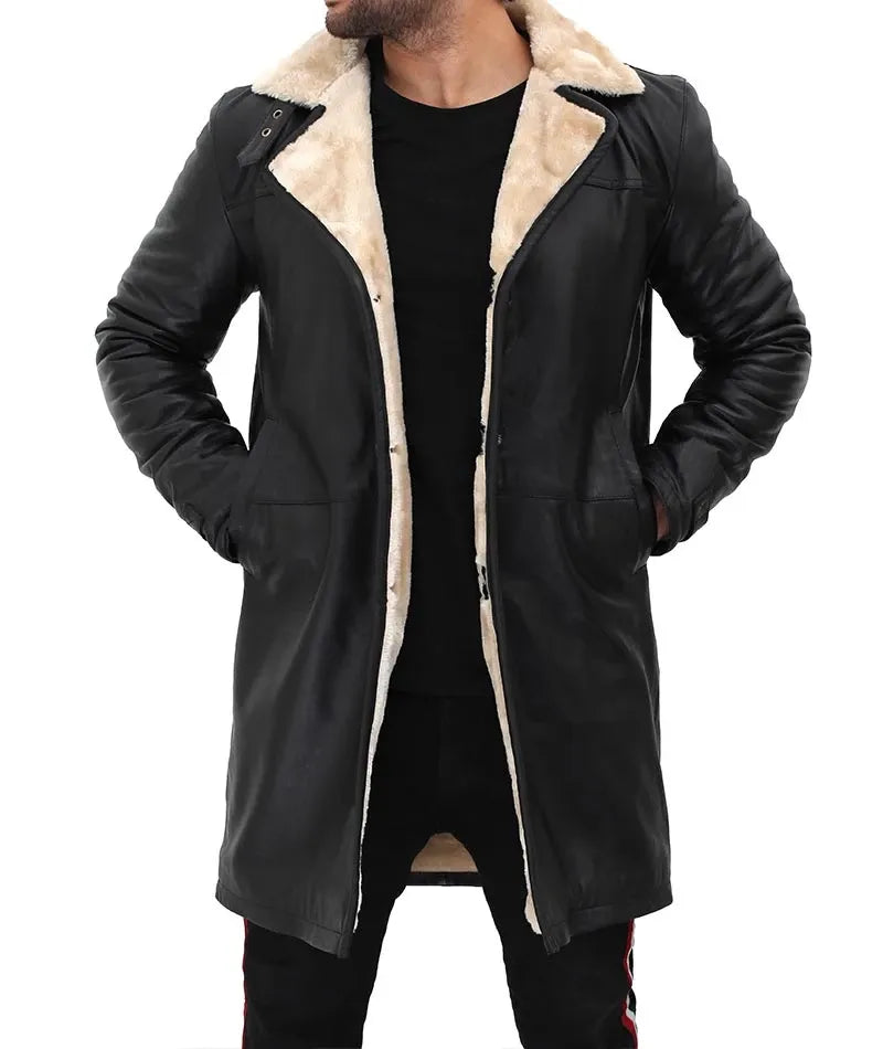 Men's Beige Black Leather Shearling Coat