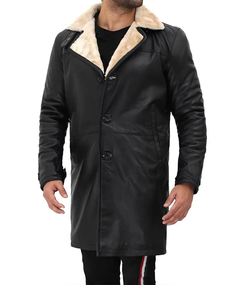 Men's Beige Black Leather Shearling Coat